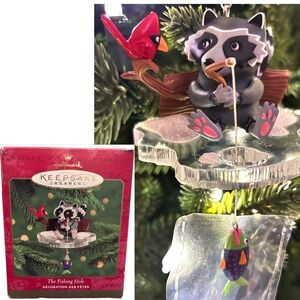 Vintage Hallmark‎ Keepsake Ornament Fishing Hole Christmas Tree Racoon Cardinal